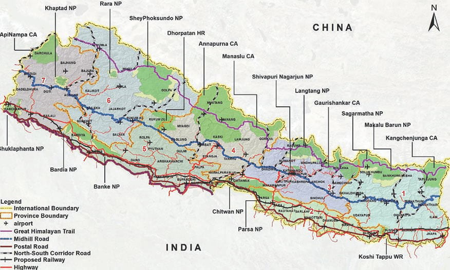 Map of Nepal with highways and roads